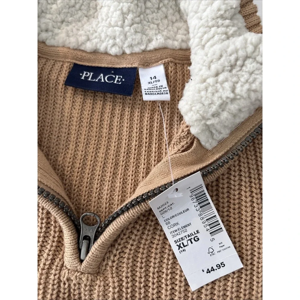 The Children Place Sweater‎ 1/4 Zip Sherpa Collar Boys XL 14 Mocha Brown NWT